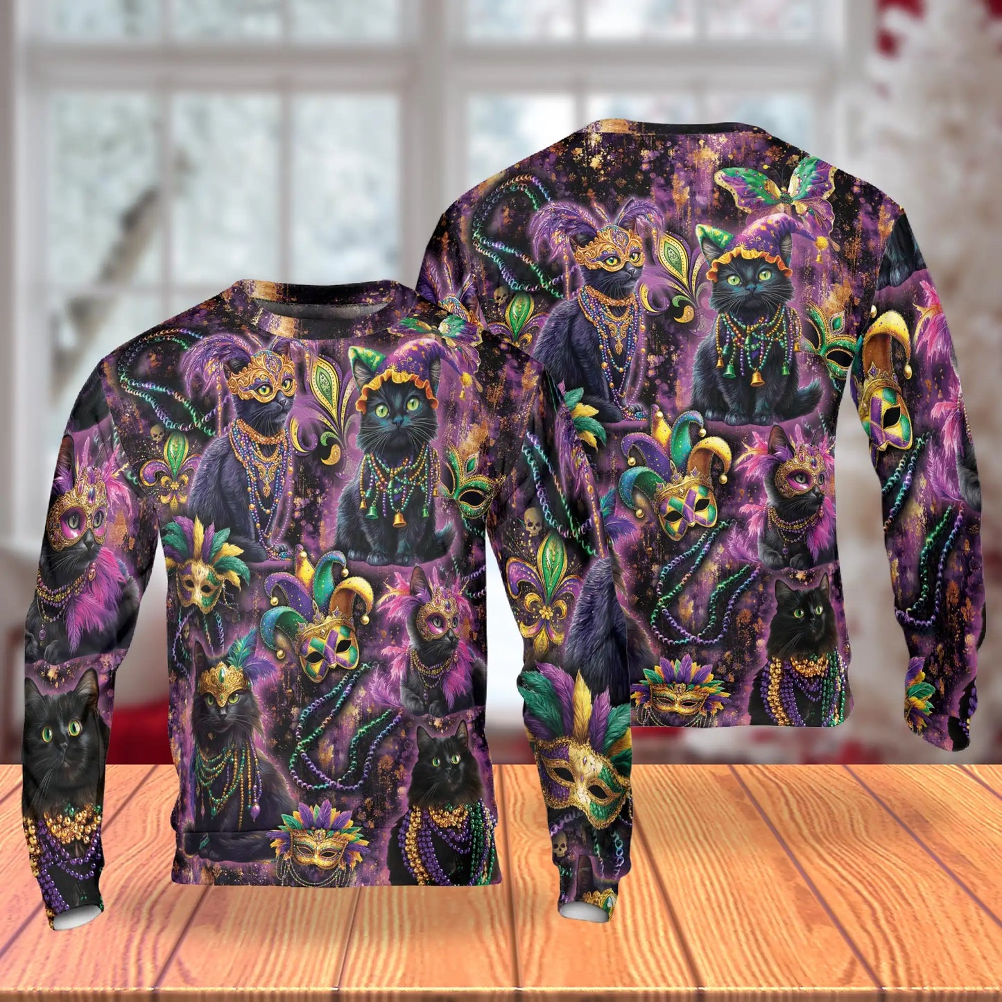 Mardi Gras Cat Sweatshirt, 3D All Over Print Carnival Cat Crewneck Pullover for Men Women, Cat Lover Gift - Netecom