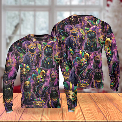 Mardi Gras Cat Sweatshirt, 3D All Over Print Carnival Cat Crewneck Pullover for Men Women, Cat Lover Gift - Netecom