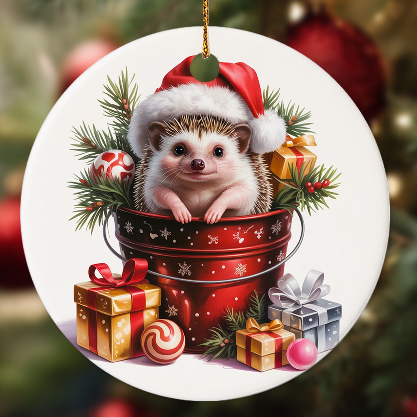 Netecom Baby Hedgehog in Bucket Ornament, Forest Animal with Santa Hat Ceramic Ornament for Christmas Tree Hanging Decorations Gift, Hedgehog Lover Gifts, Home Decor, Holiday Party Present