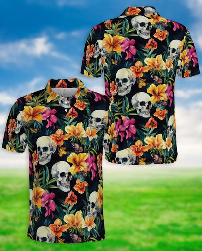 Tropical Skull Floral Polo Shirt -Gothic Botanical Print | Netecom