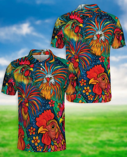 Colorful Rooster Polo Shirt – Folk Art Farm Print | Netecom