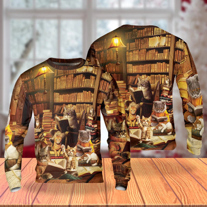 Library Cats Reading Books Sweatshirt, 3D All Over Print Cute Cat Literature Crewneck Pullover for Men Women, Cat Lover Gift - Netecom
