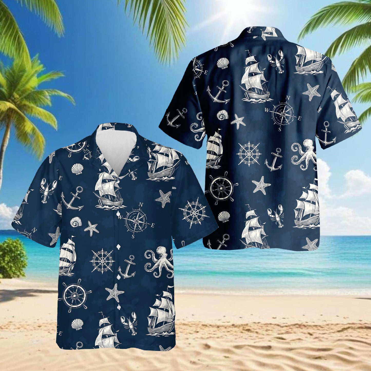 Netecom Tropical Anchor Hawaiian Shirt for Men Women, Sea Animal Button Down Summer Beach Short Sleeve Shirts