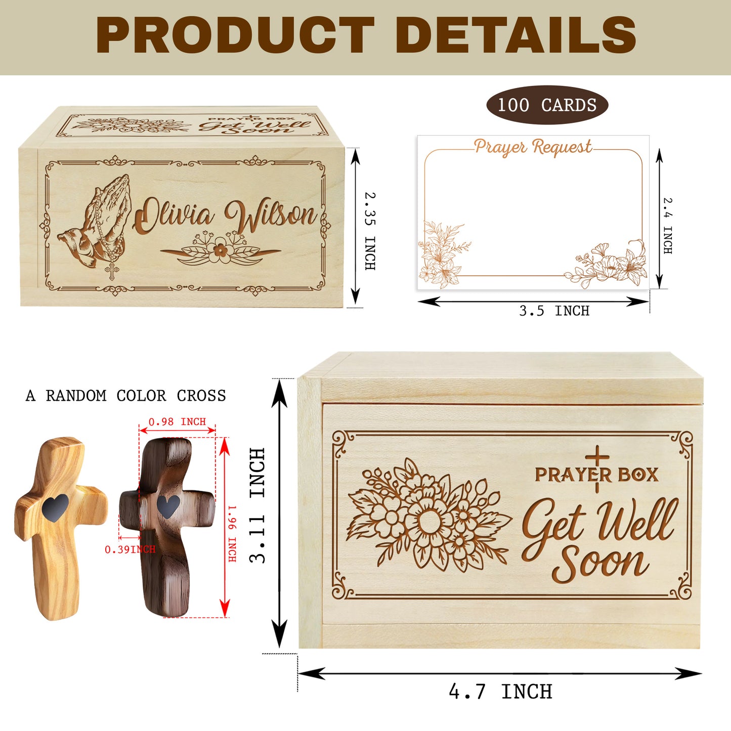 Netecom Personalized Get Well Prayer Box with Custom Name & Wooden Cross, Christian Comfort Gift with 100 Prayer Request Cards, Faith Healing Keepsake