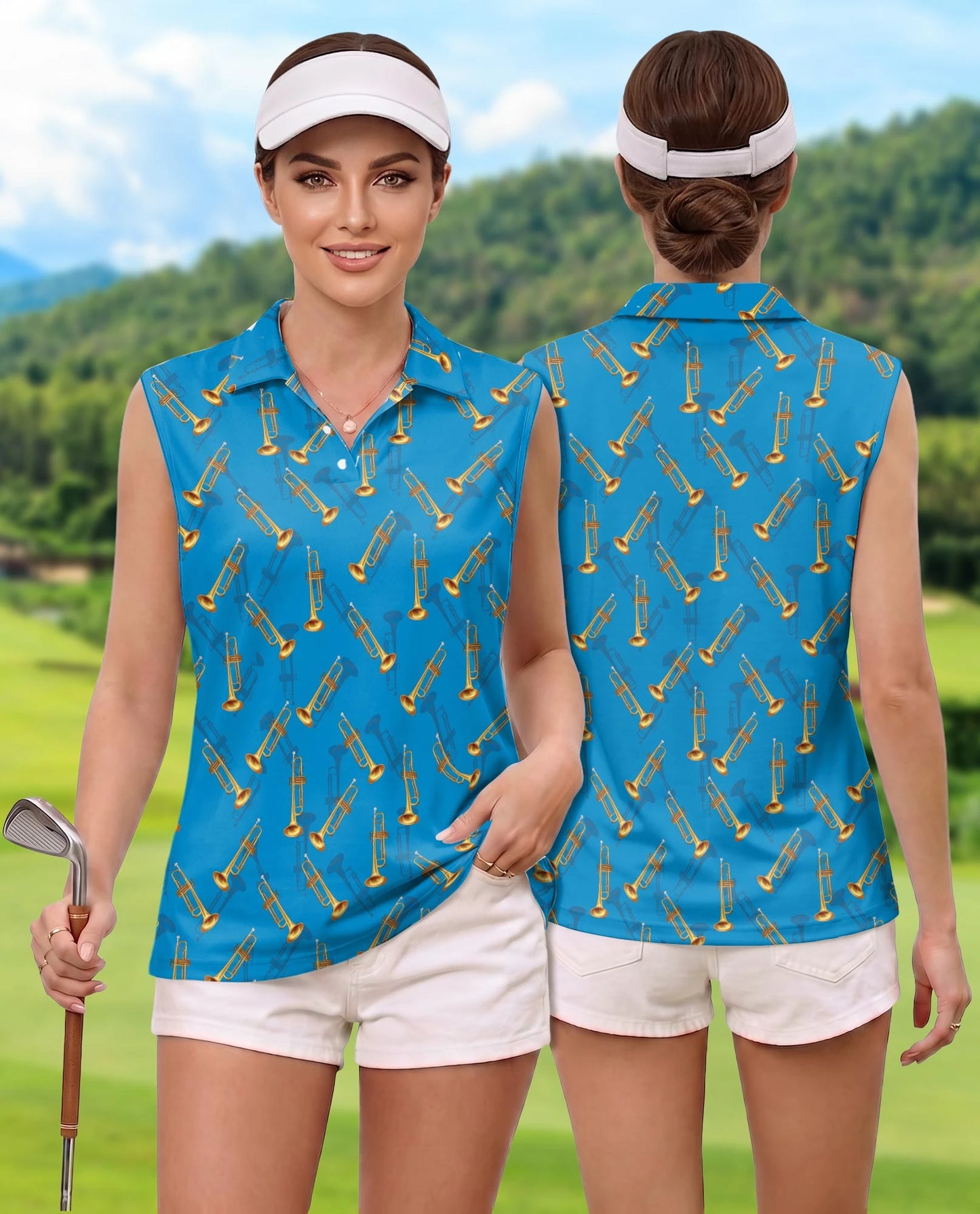 Trombone Pattern Sleeveless Polo Shirt for Women | Netecom