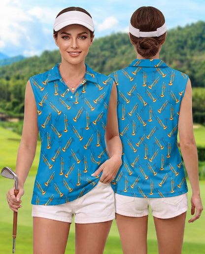 Trombone Pattern Sleeveless Polo Shirt for Women | Netecom