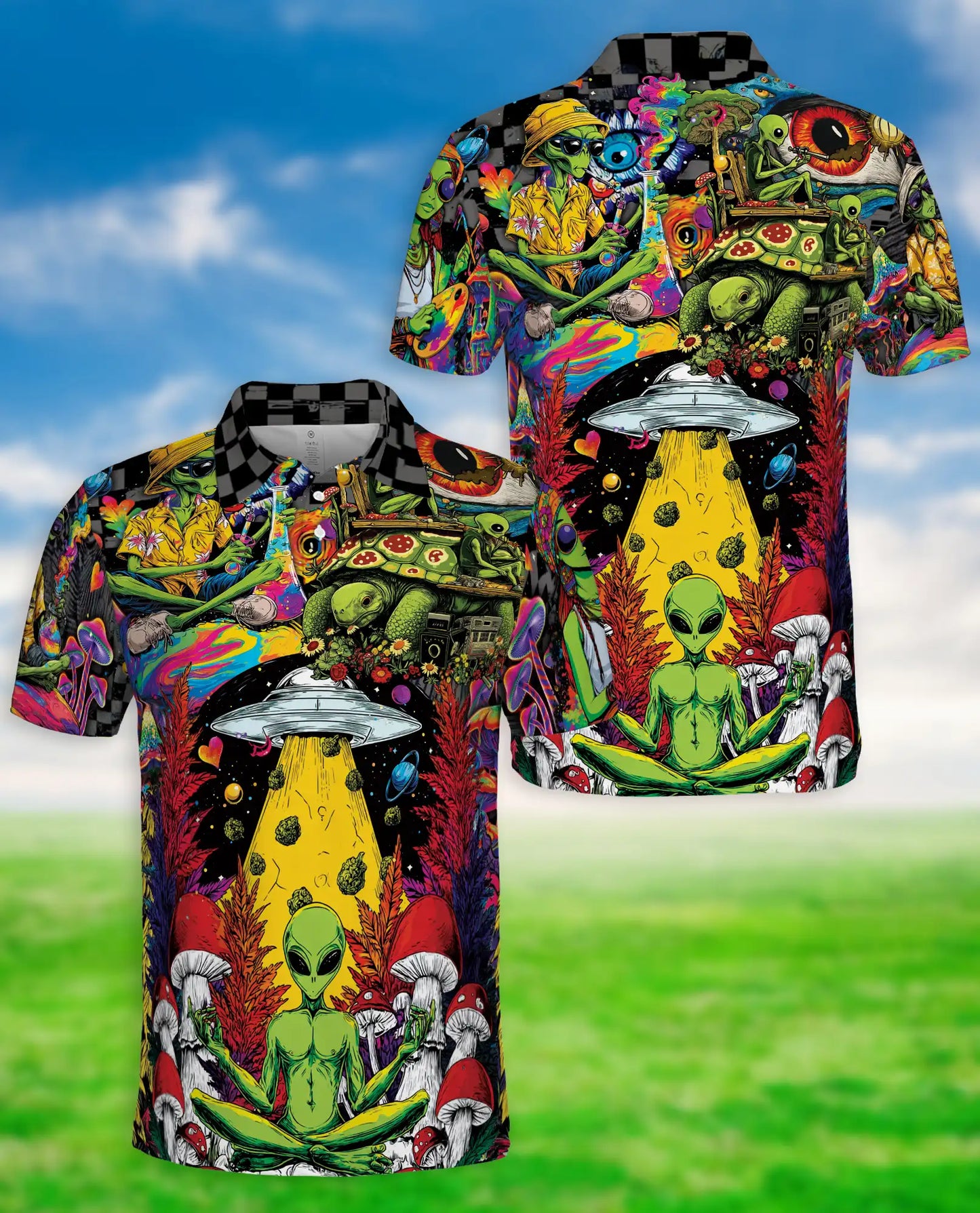 Psychedelic Alien Polo Shirt – Cosmic UFO Hippie Style | Netecom