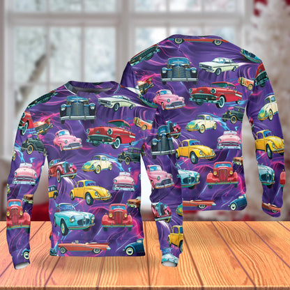 Vintage Hot Rod Classic Cars Sweatshirt, 3D All Over Print Retro Automobile Crewneck Pullover for Men Women, Car Lover Gift - Netecom
