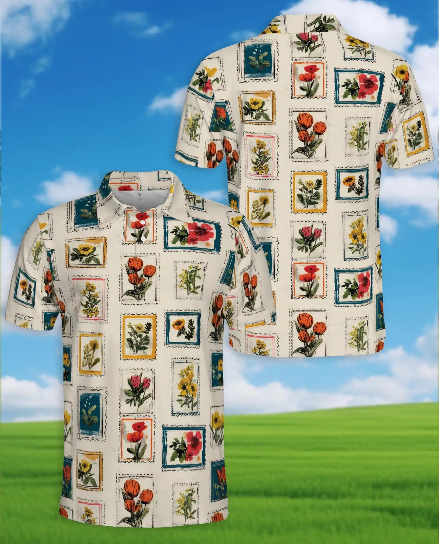 Floral Stamp Polo Shirt for Men – Vintage Botanical Style | Netecom
