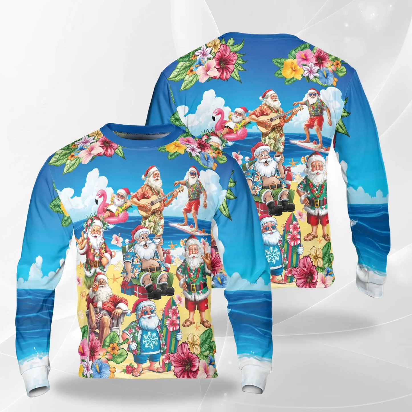 Tropical Santa Christmas Sweatshirt, 3D All Over Print Hawaiian Holiday Crewneck Pullover for Men Women, Santa Christmas Gift - Netecom