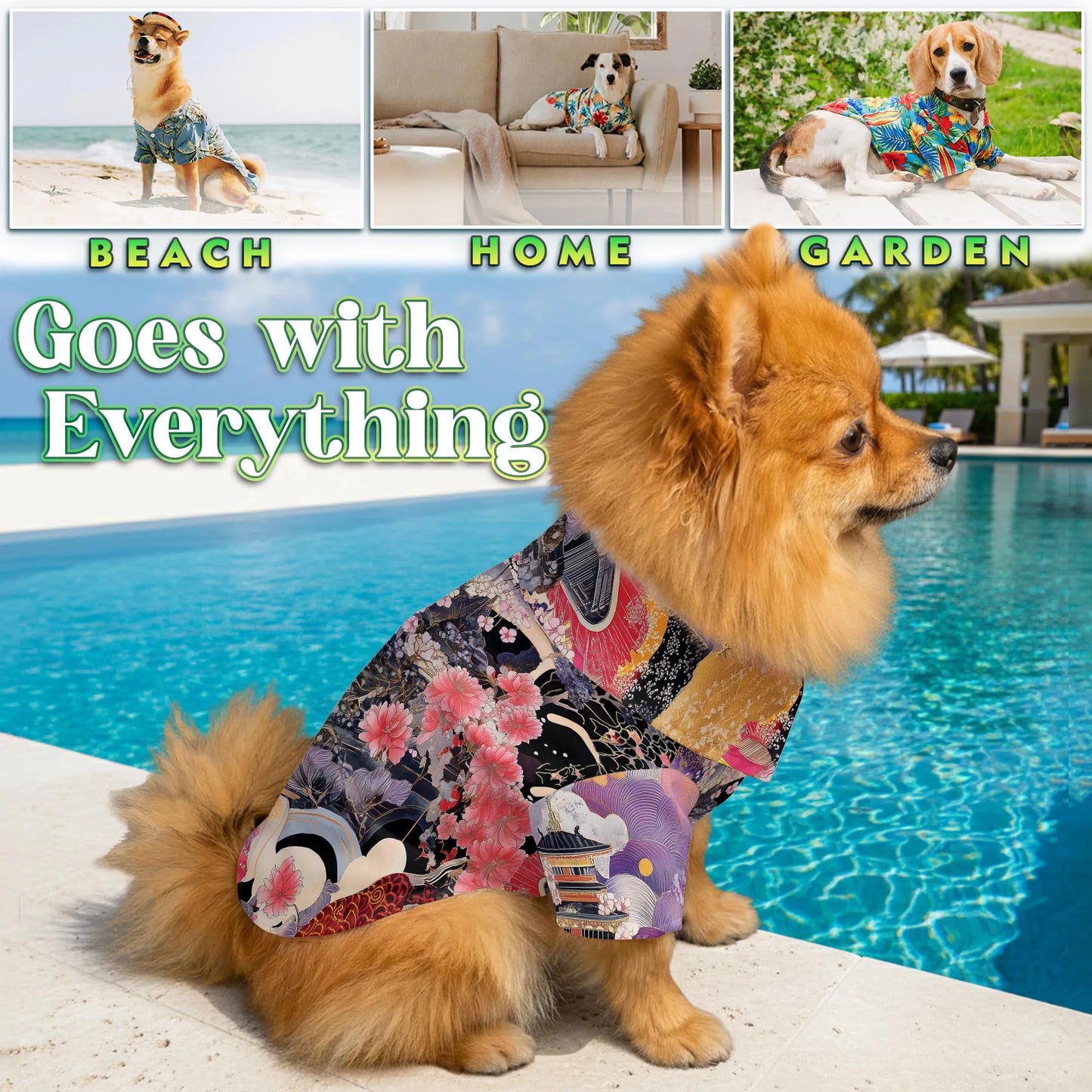 Japanese Ukiyoe Sakura Art Print Hawaii Dog and Owner Matching Button Shirts