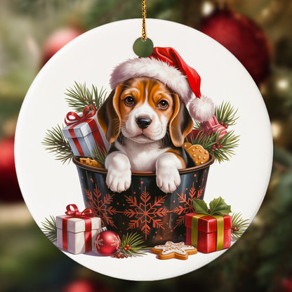 Netecom Cute Beagle in Bucket Ornament, Dog with Santa Hat Ceramic Ornament for Christmas Tree Hanging Decorations Gift, Puppy Lover Gifts, Home Decor, Holiday Party Present