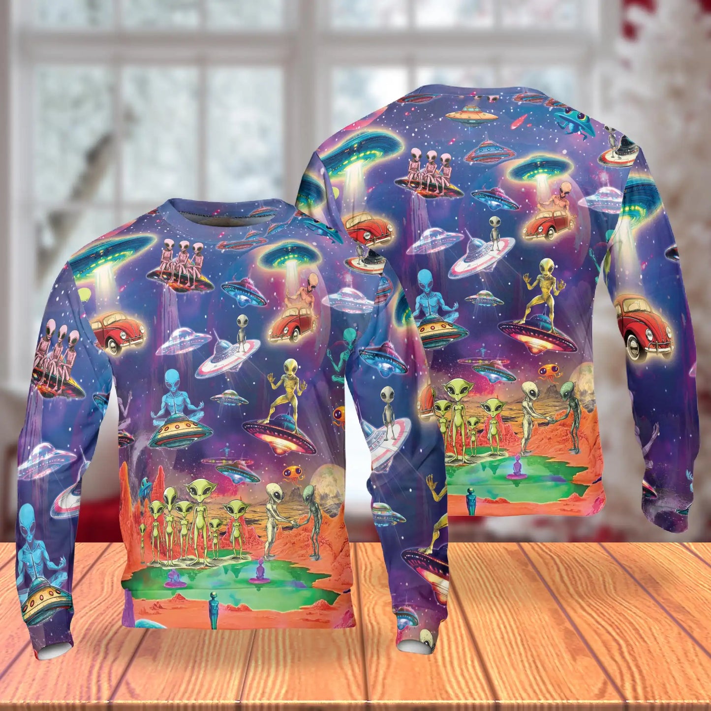 Psychedelic UFO Alien Sweatshirt, 3D All Over Print Cosmic Space Crewneck Pullover for Men Women, Alien Lover Gift - Netecom