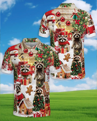 Christmas Raccoon 3D Polo Shirt for Men – Funny Holiday Animal Style | Netecom