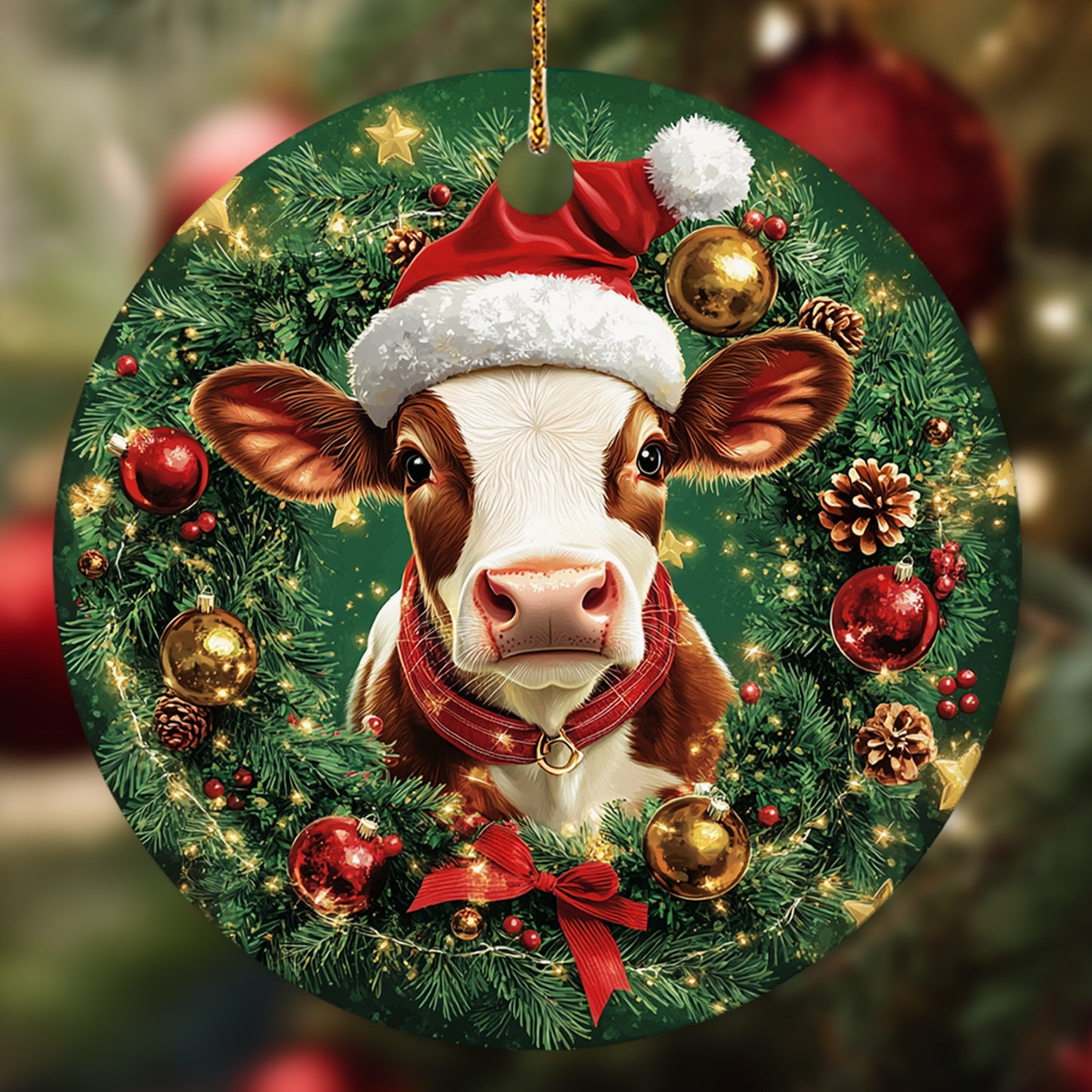 Netecom Cute Dairy Cattle Cow Christmas Ornament, Farm Animal Christmas Ceramic Ornament for Xmas Tree Hanging Decorations Gift, Gifts for Cow, Farmer, Holiday Party Present