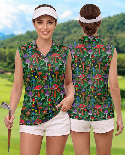 Hippie Vintage Mushroom Sleeveless Polo Shirt for Women | Netecom