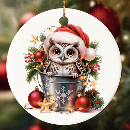 Netecom Cute Owl in Bucket Ornament, Owl with Santa Hat Ceramic Ornament for Christmas Tree Hanging Decorations Gift, Bird Gifts for Men Women, Holiday Party Present