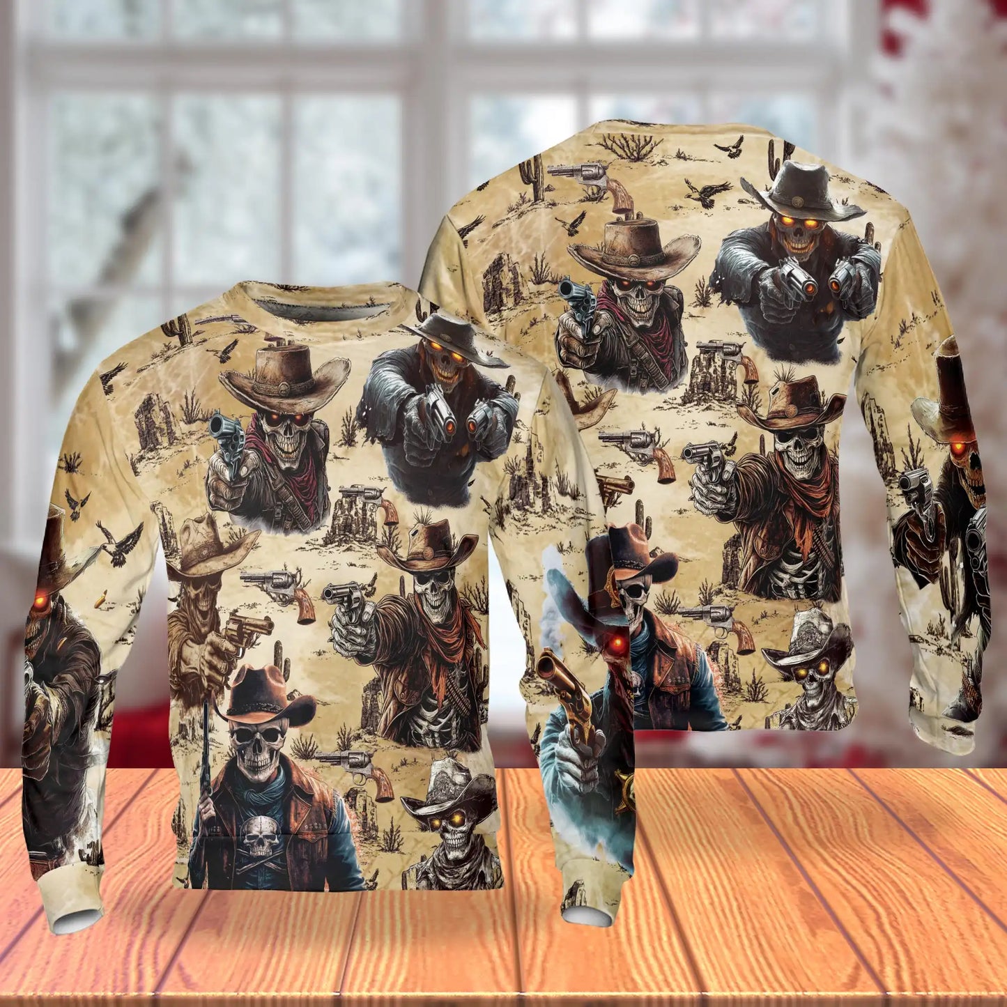 Skeleton Cowboy Gunslinger Sweatshirt, 3D All Over Print Western Skull Crewneck Pullover for Men Women, Cowboy Lover Gift - Netecom