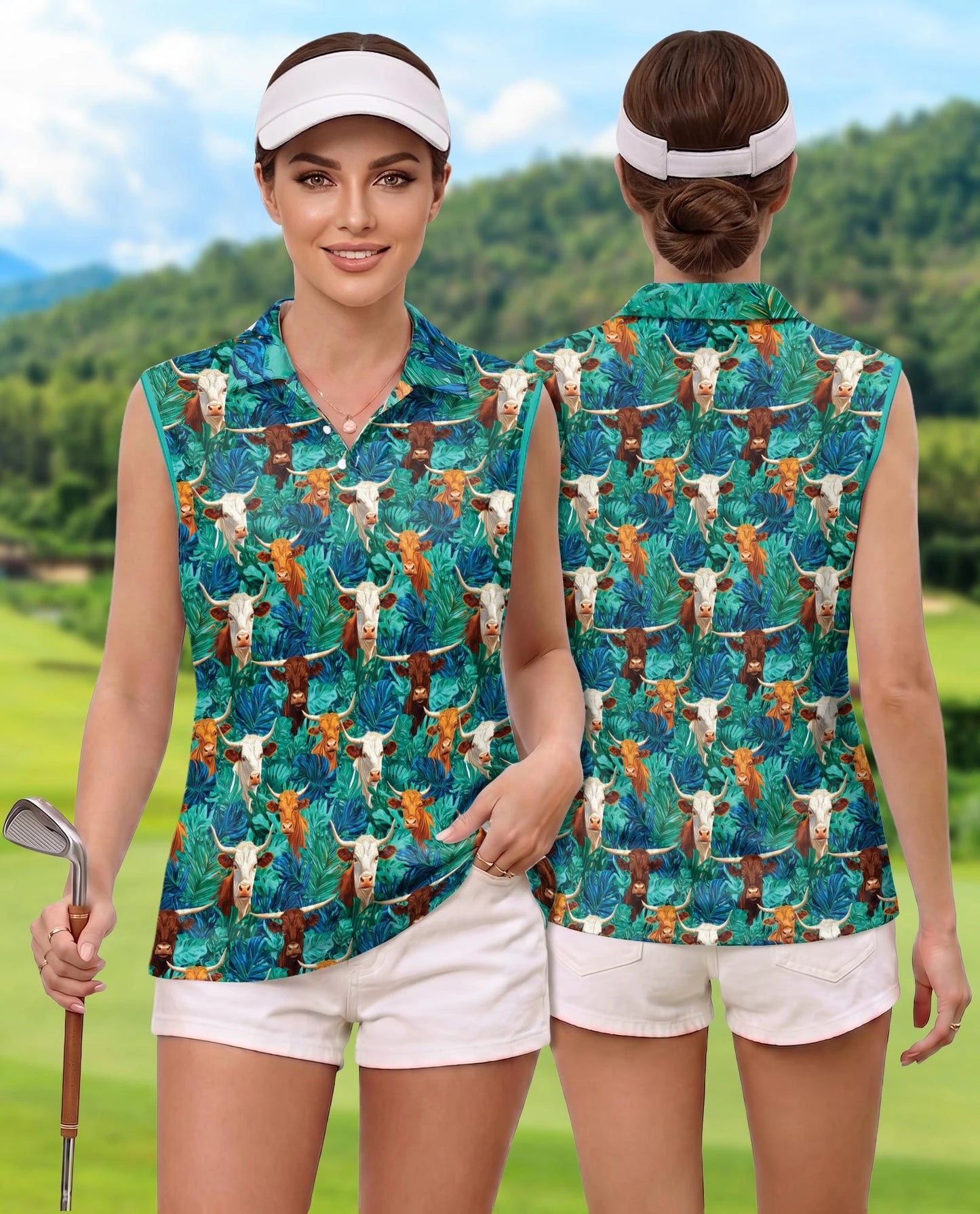 Cow and Tropical Leaves Pattern Sleeveless Polo Shirt for Women | Netecom