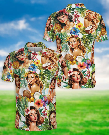 Tropical Pin Up Polo Shirt - Vintage Island Beauty Style | Netecom