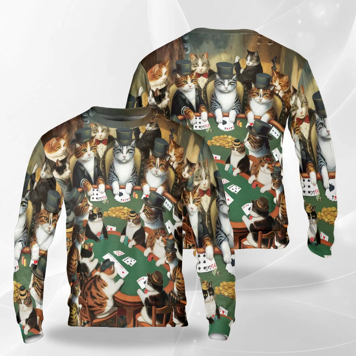 Cool Cats Gambling Card Game Sweatshirt, 3D All Over Print Funny Cat Poker Crewneck Pullover for Men Women, Card Game Lover Gift - Netecom