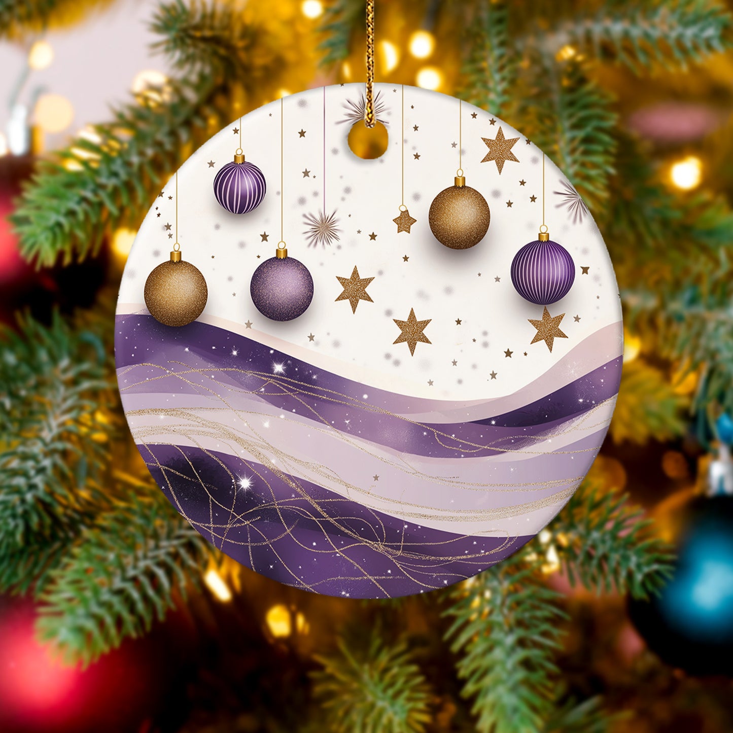 Netecom Elegant Purple and Gold Abstract Baubles Christmas Ornaments, Ceramic Hanging Balls with Glitter Star Keepsake Ornament for Xmas Tree Decorations, Gifts for Holiday, Party, Home Decor