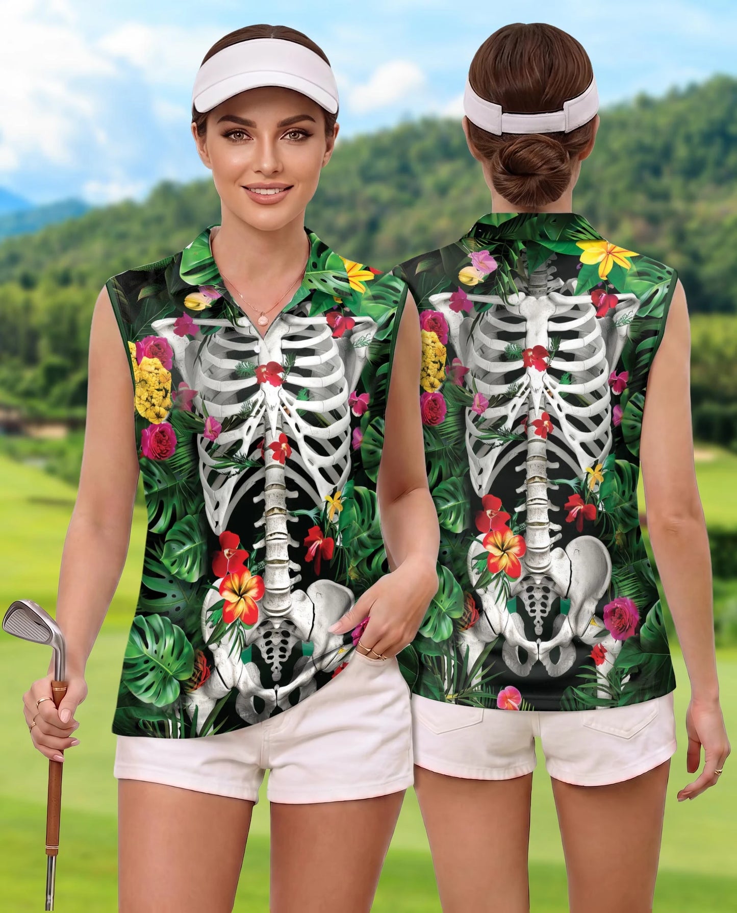 Tropical Floral Skeleton Print Sleeveless Polo Shirt for Women | Netecom