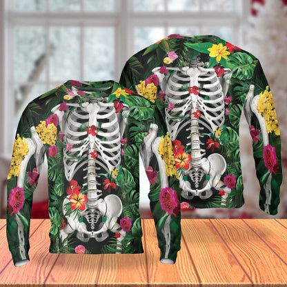 Skeleton Flowers Sweatshirt, 3D All Over Print Floral Skull Crewneck Pullover for Men Women, Gothic Skeleton Lover Gift - Netecom