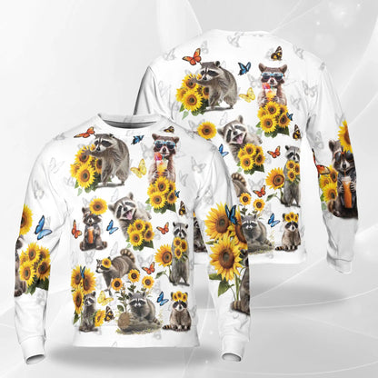 Raccoon Sunflower Sweatshirt, 3D All Over Print Wildlife Floral Crewneck Pullover for Men Women, Raccoon Lover Gift - Netecom