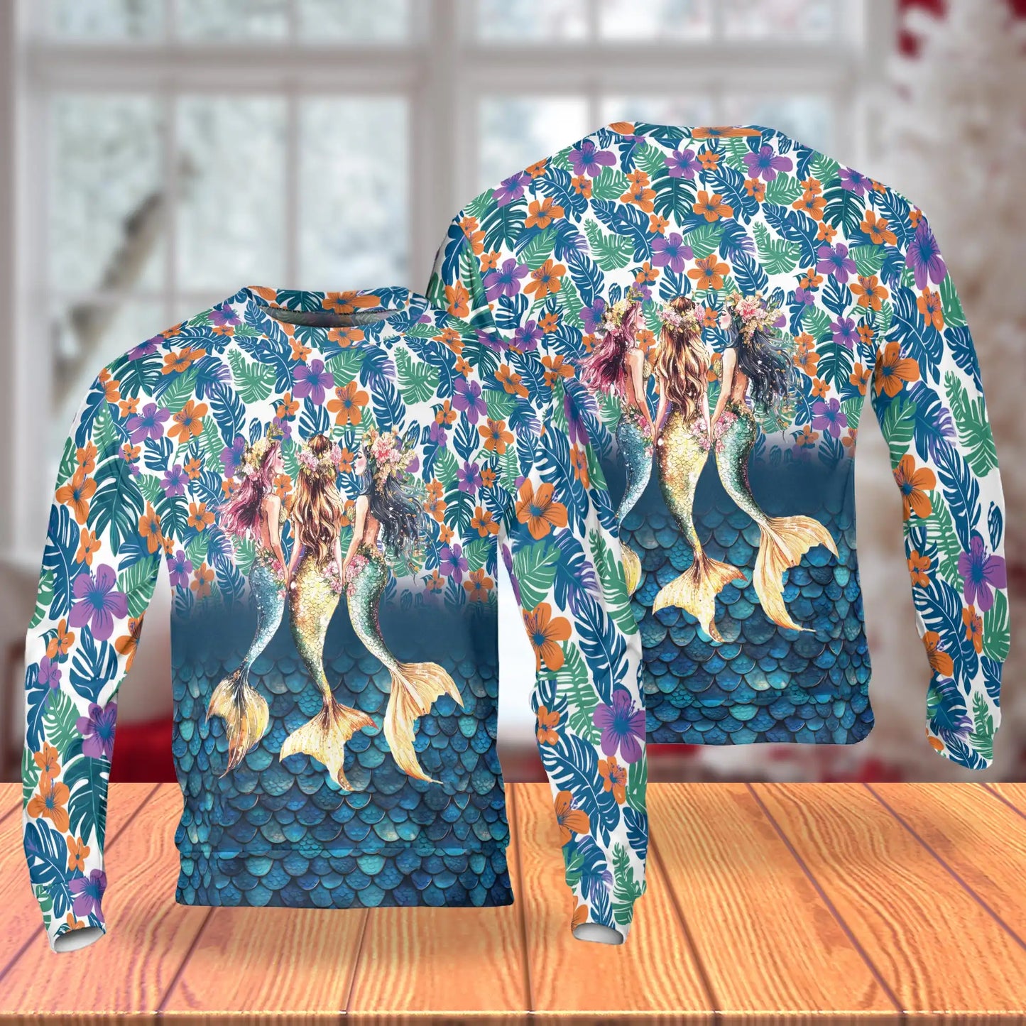 Three Mermaids Sweatshirt, 3D All Over Print Fantasy Ocean Crewneck Pullover for Men Women, Mermaid Lover Gift - Netecom