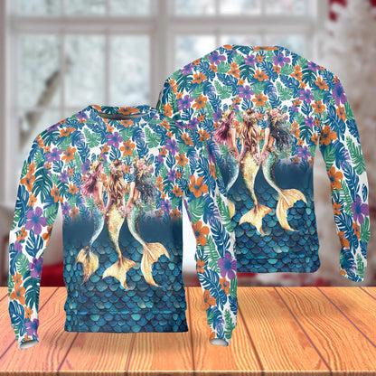 Three Mermaids Sweatshirt, 3D All Over Print Fantasy Ocean Crewneck Pullover for Men Women, Mermaid Lover Gift - Netecom