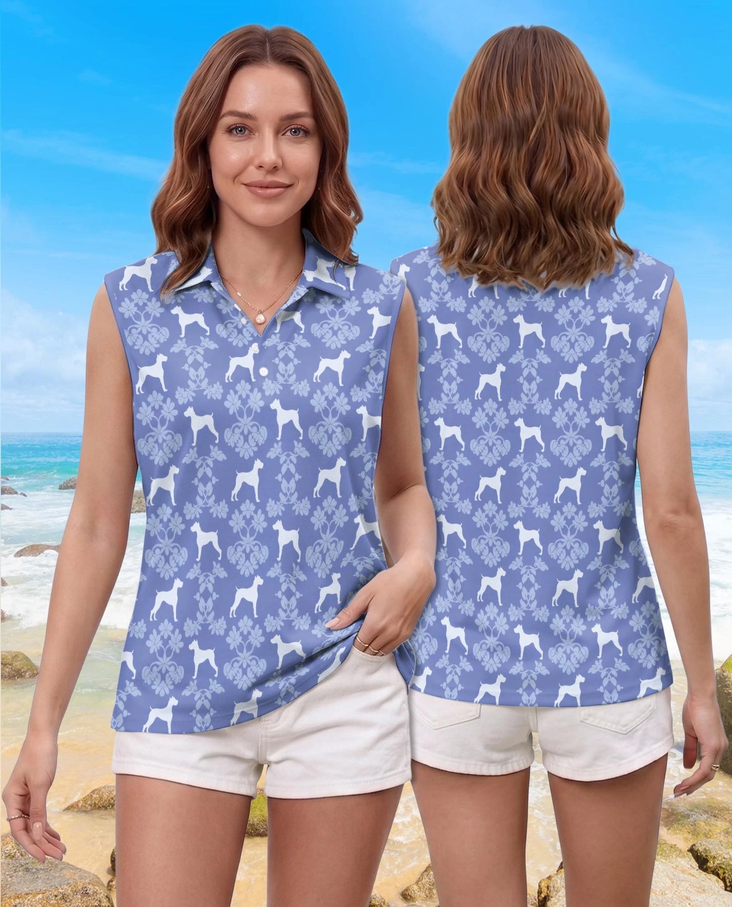 Boxer Dog Damask Pattern Sleeveless Polo Shirt for Women | Netecom