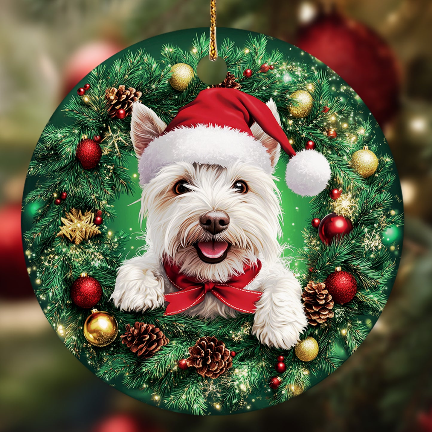 Netecom Funny West Highland White Terrier in Santa Hat Christmas Ornament, Westie Dog Ceramic Ornament for Xmas Tree Hanging Decorations Gift, Puppy Lover Gifts, Holiday Party Present