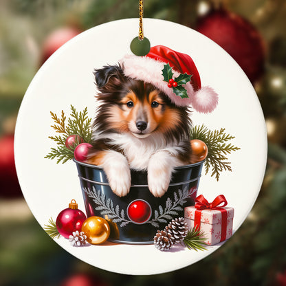 Netecom Cute Shetland Sheepdog in Bucket Ornament, Sheltie with Santa Hat Ceramic Ornament for Christmas Tree Hanging Decorations Gift, Dog Lover Gifts, Home Decor, Holiday Party Present
