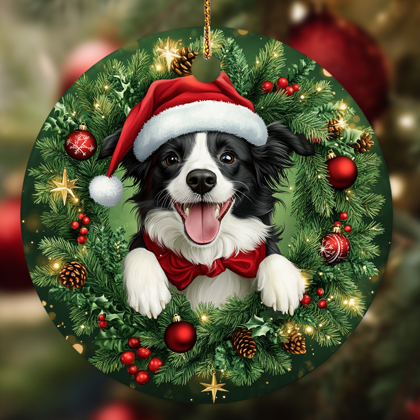 Netecom Cute Border Collie Christmas Ornament, Dog Santa Hat Ceramic Ornament for Xmas Tree Hanging Decorations Gift, Puppy Lover Gifts, Home Decor, Holiday Party Present