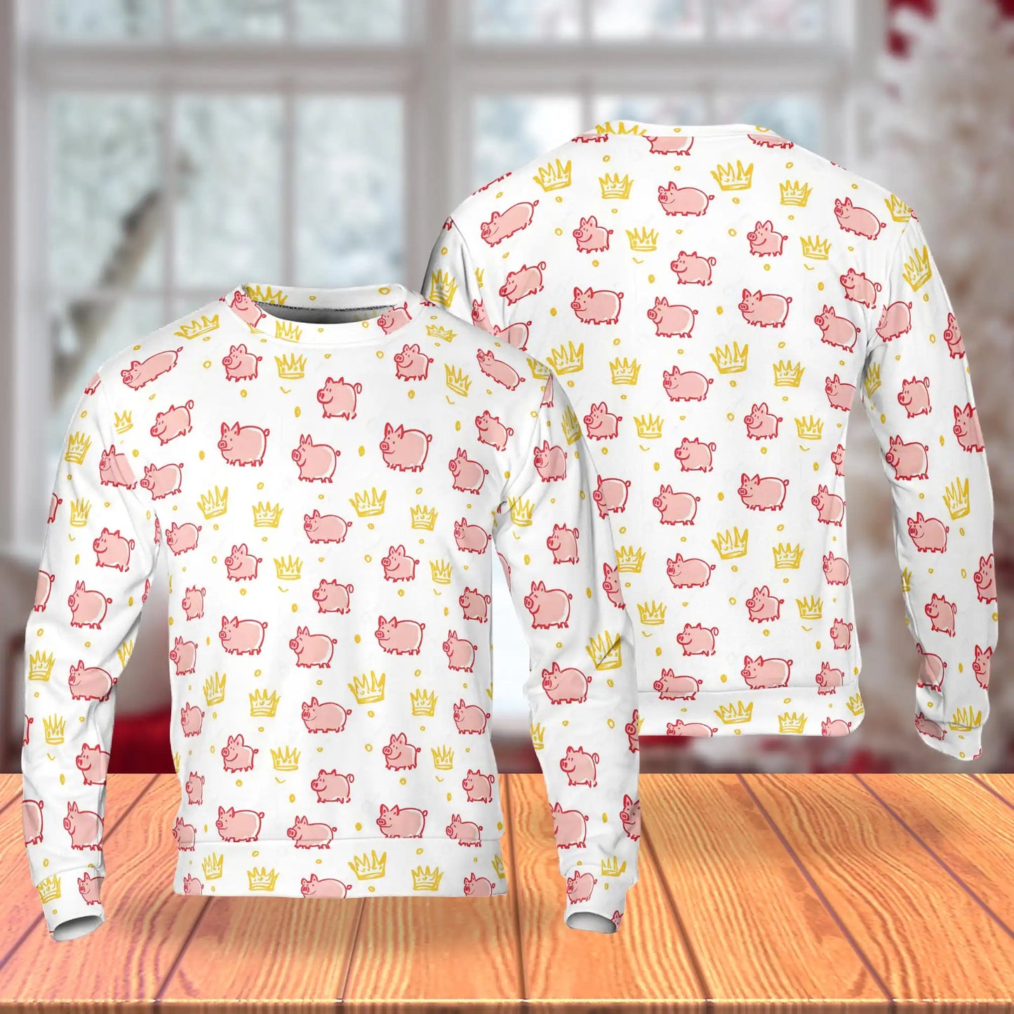 Cute Pig and Crown Sweatshirt, 3D All Over Print Royal Farm Animal Crewneck Pullover for Men Women, Pig Lover Gift - Netecom