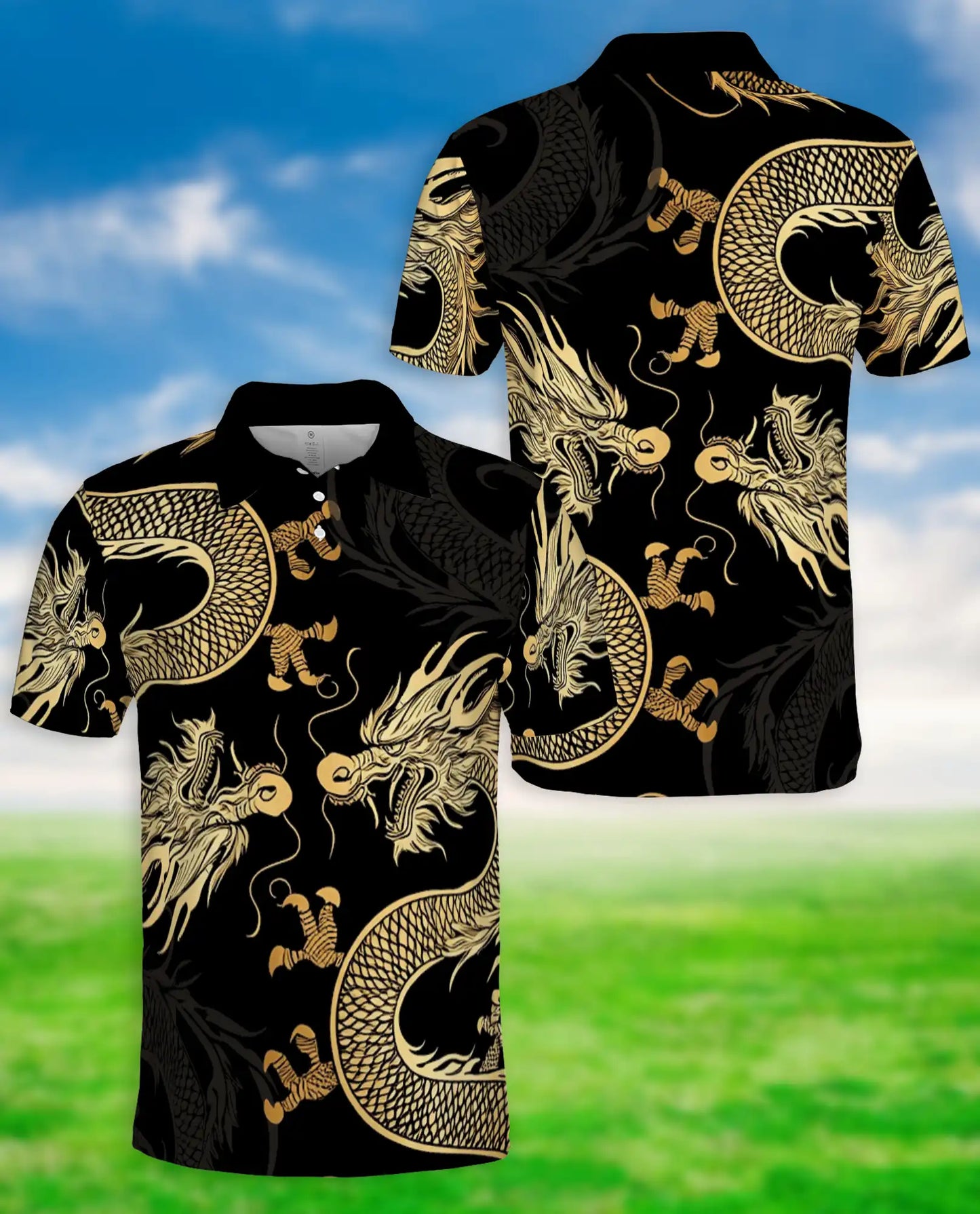 Gold Dragon 3D Polo Shirt for Men – Black Asian Fantasy Art Style | Netecom