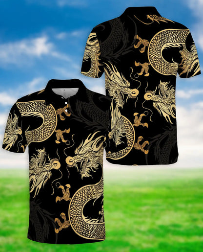 Gold Dragon 3D Polo Shirt for Men – Black Asian Fantasy Art Style | Netecom