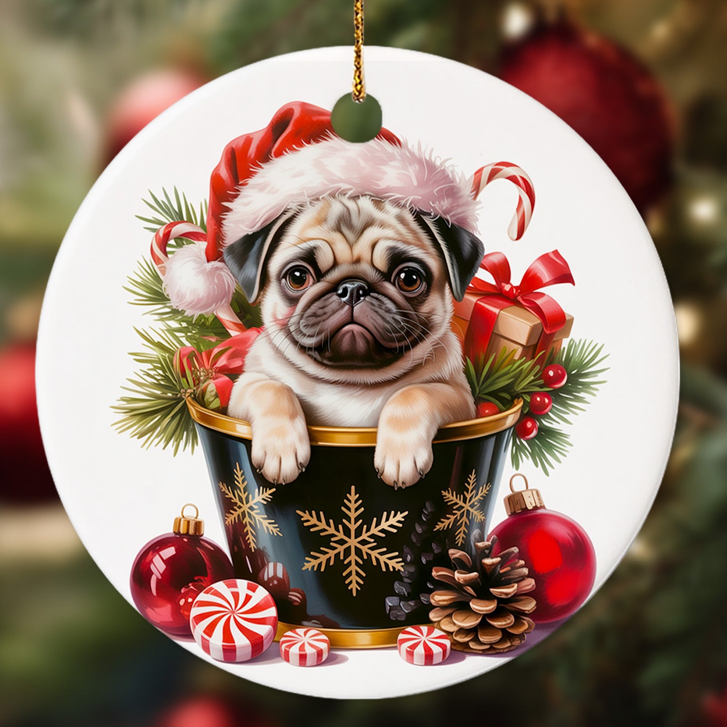 Netecom Cute Pug in Bucket Ornament, Dog with Santa Hat Ceramic Ornament for Christmas Tree Hanging Decorations Gift, Puppy Lover Gifts, Home Decor, Holiday Party Present