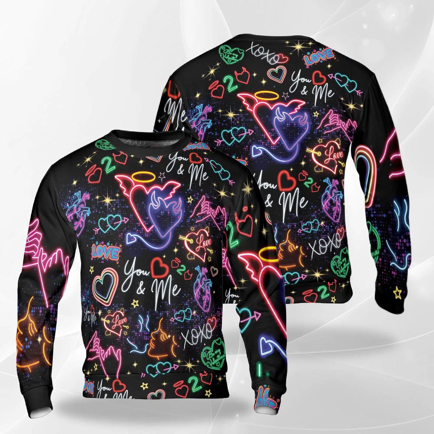 Neon Love Doodle Pattern Sweatshirt, 3D All Over Print Colorful Heart Crewneck Pullover for Men Women, Love Lover Gift - Netecom