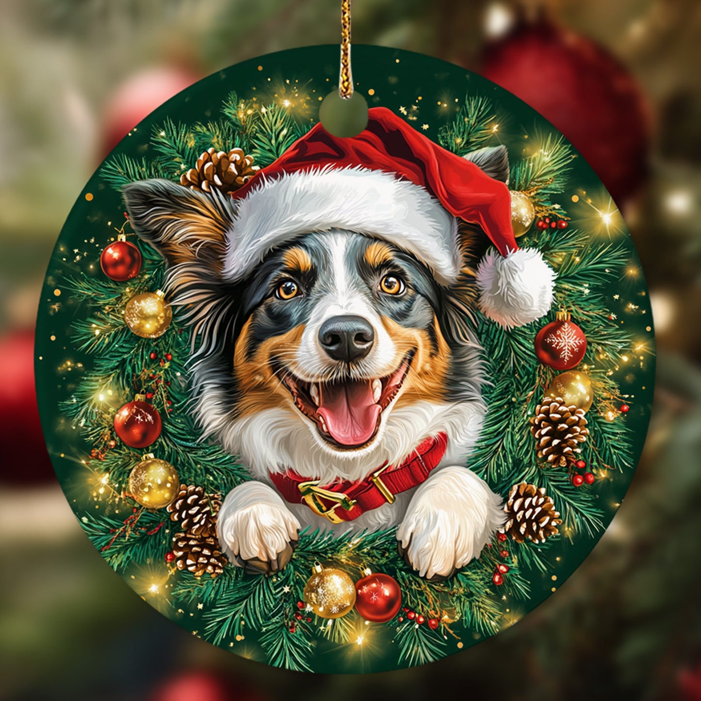 Netecom Cute Australian Shepherd Christmas Ornament, Dog Santa Hat Ceramic Ornament for Xmas Tree Hanging Decorations Gift, Puppy Lover Gifts, Home Decor, Holiday Party Present