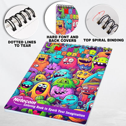 Monster Doodles Spiral Bound Coloring Book, Enjoy 30 Playful Monster Doodles Coloring Pages for Kids and Adults to Create Colorful Monstrous Characters