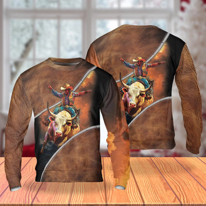 Rodeo Bull Riding Sweatshirt, 3D All Over Print Western Cowboy Crewneck Pullover for Men Women, Bull Rider Gift - Netecom
