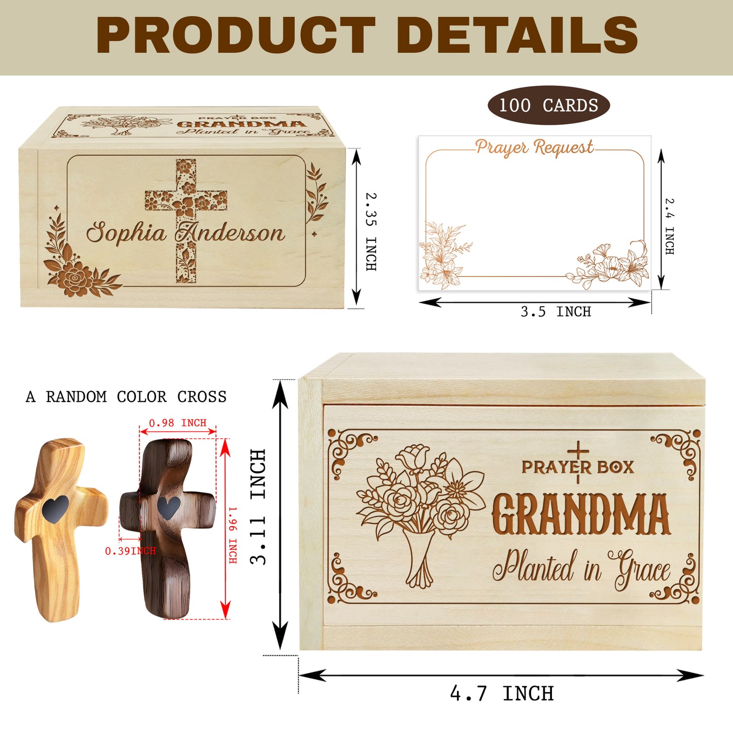 Netecom Personalized Grandma Prayer Box with Custom Name on Box & Wooden Cross, Christian Keepsake with 100 Prayer Request Cards, Faith Gift for Grandma