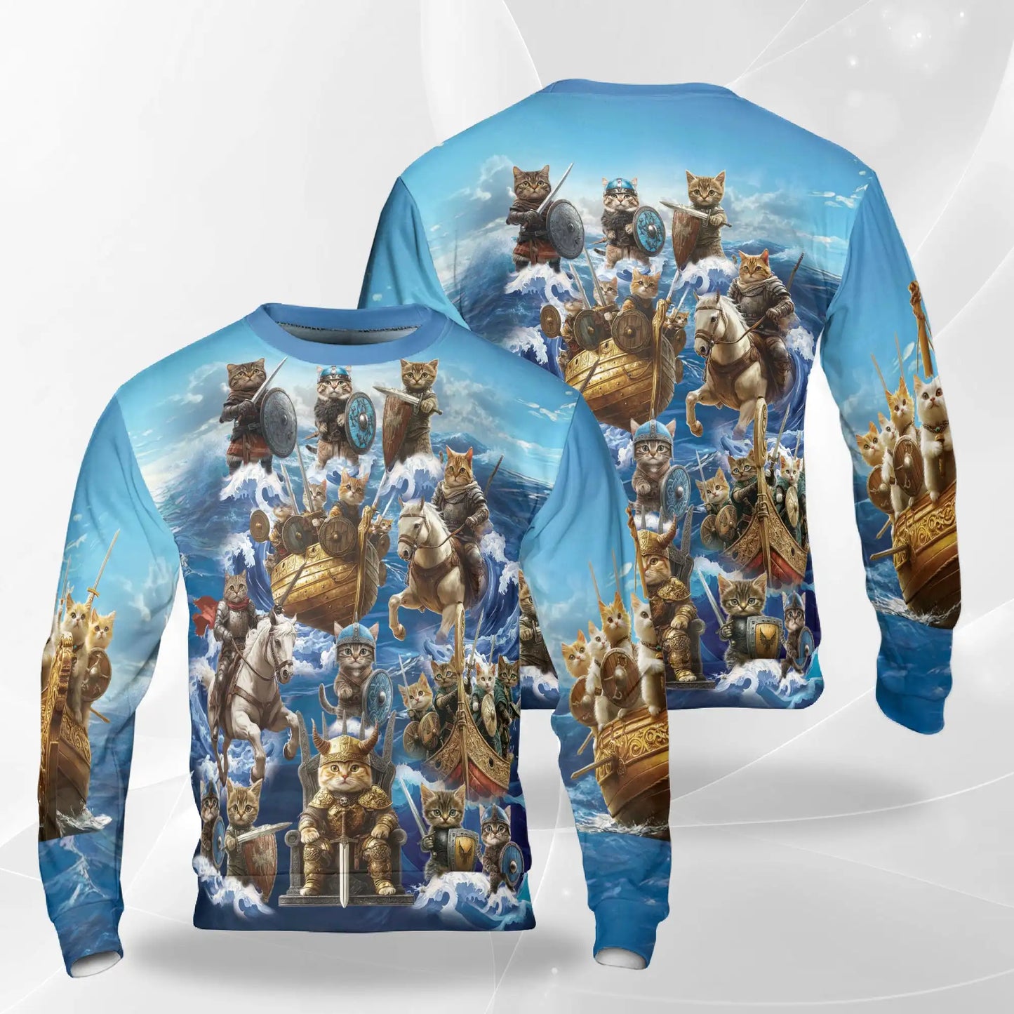 Viking Cat Sweatshirt, 3D All Over Print Norse Warrior Cat Crewneck Pullover for Men Women, Viking Cat Lover Gift - Netecom