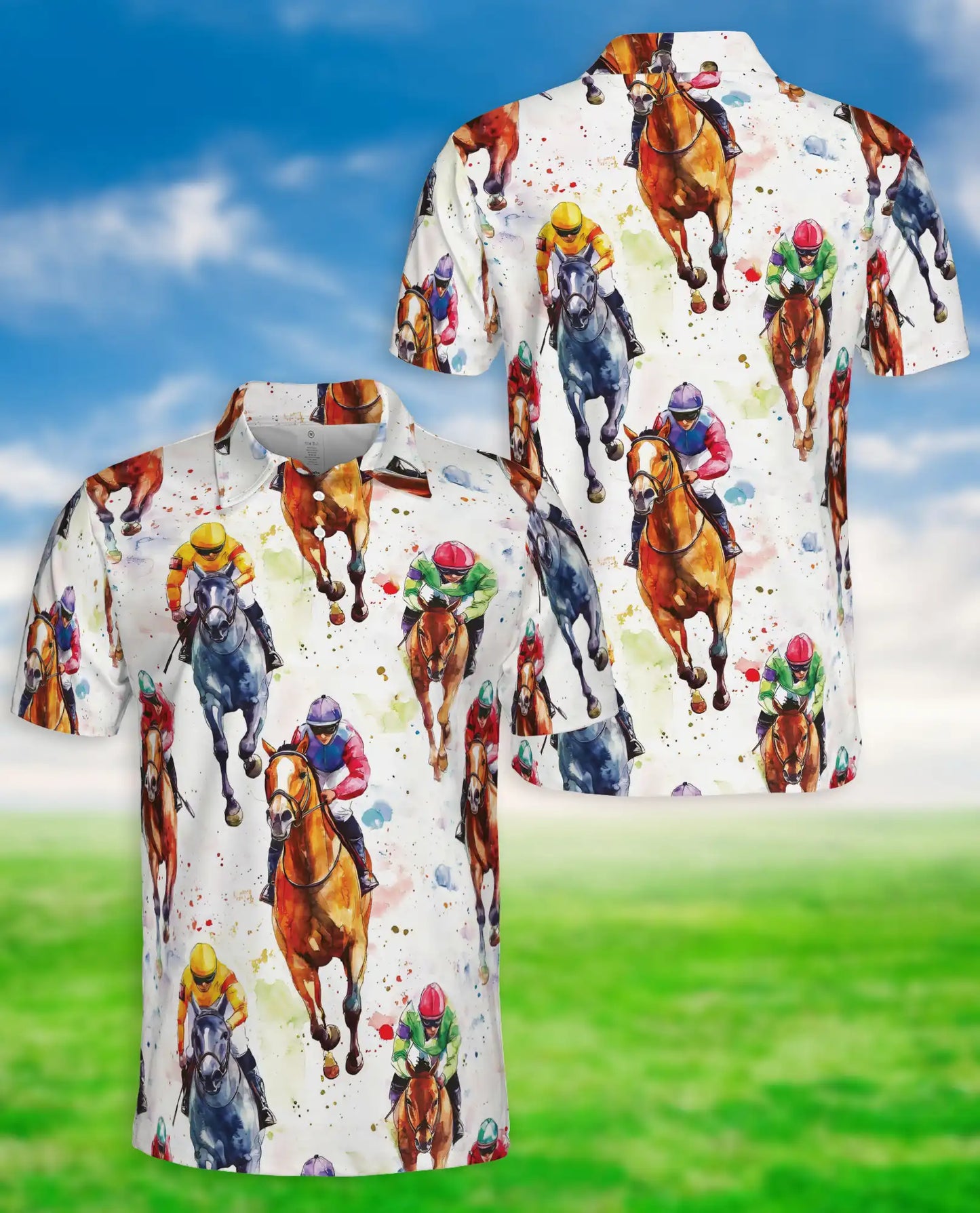 Watercolor Horse Racing 3D Polo Shirt for Men – Jockey Derby Sports Style | Netecom