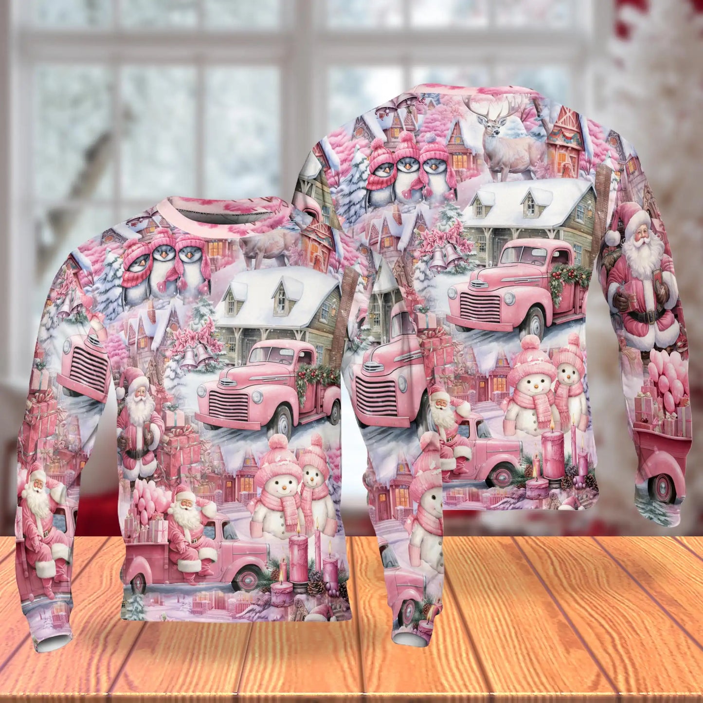 Pink Car Santa Christmas Sweatshirt, 3D All Over Print Holiday Vehicle Crewneck Pullover for Men Women, Christmas Gift - Netecom