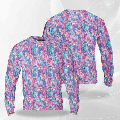 Neon Flower Sweatshirt, 3D All Over Print Psychedelic Floral Crewneck Pullover for Men Women, Colorful Flower Lover Gift - Netecom