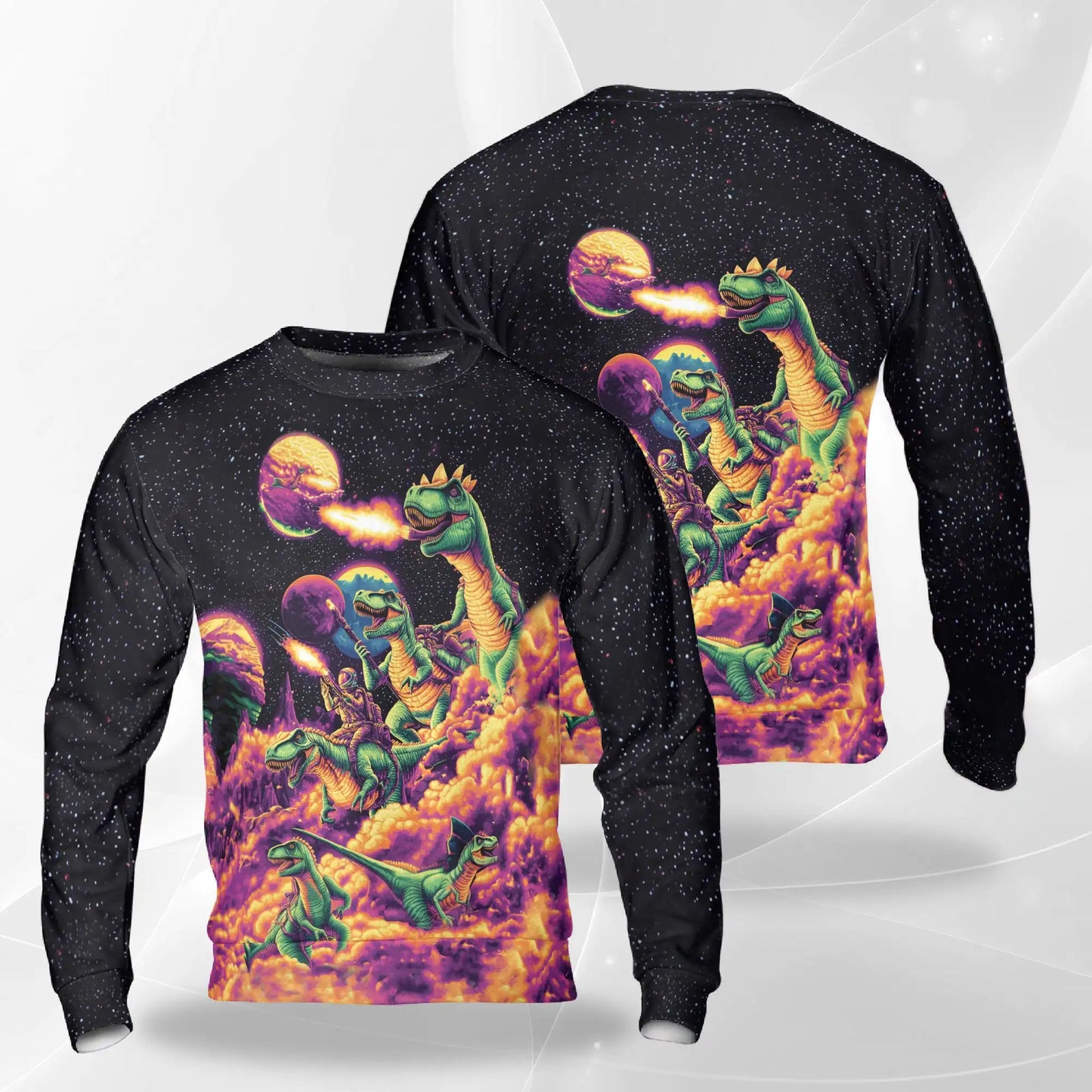 Galaxy Dinosaurs Sweatshirt, 3D All Over Print Space Dinosaur Crewneck Pullover for Men Women, Dinosaur Lover Gift - Netecom