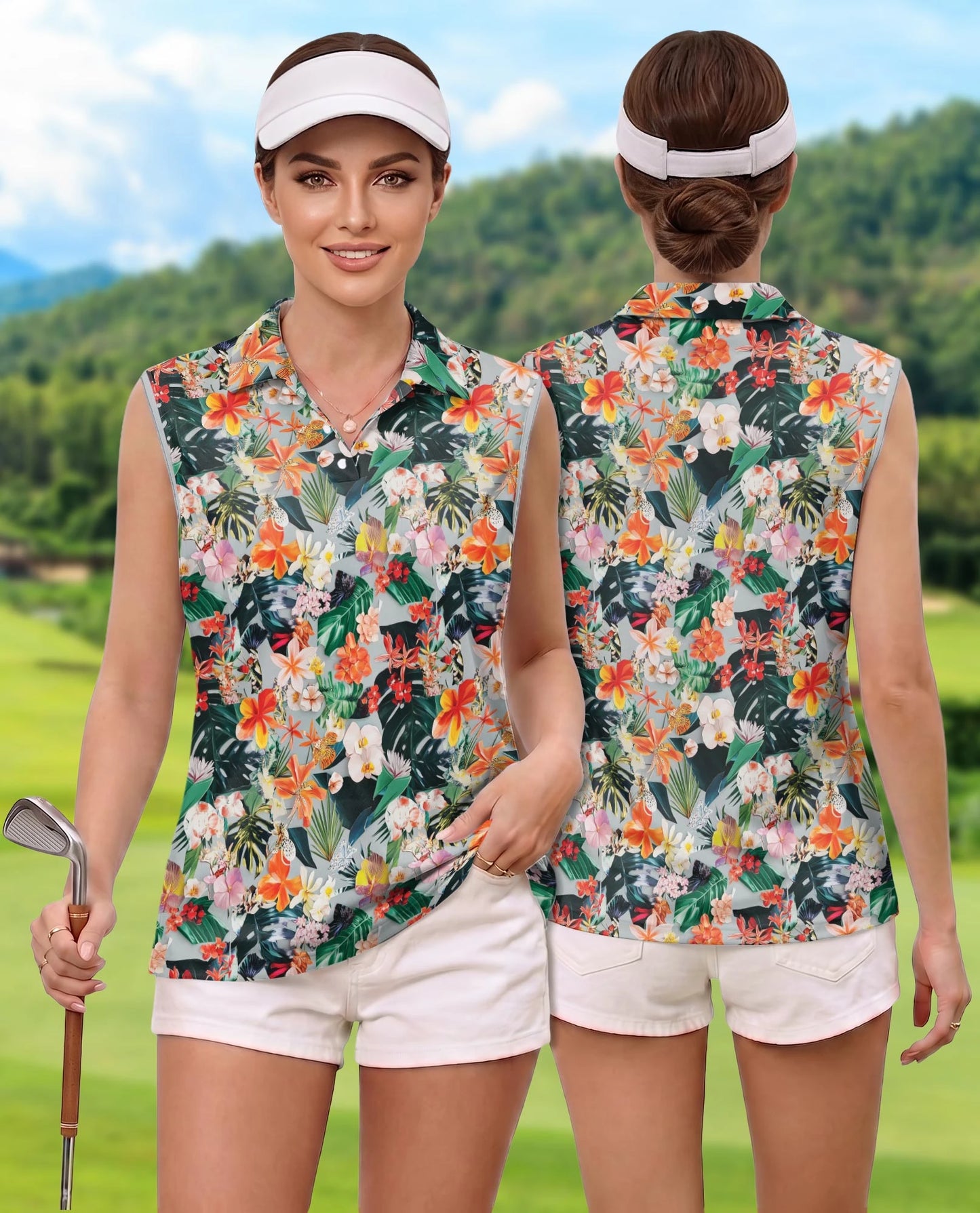 Flower Ephemera Sleeveless Polo Shirt for Women | Netecom